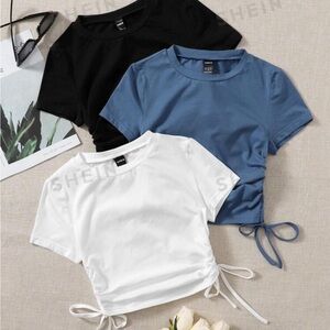 SHEIN white, blue, and black cotton crop tops